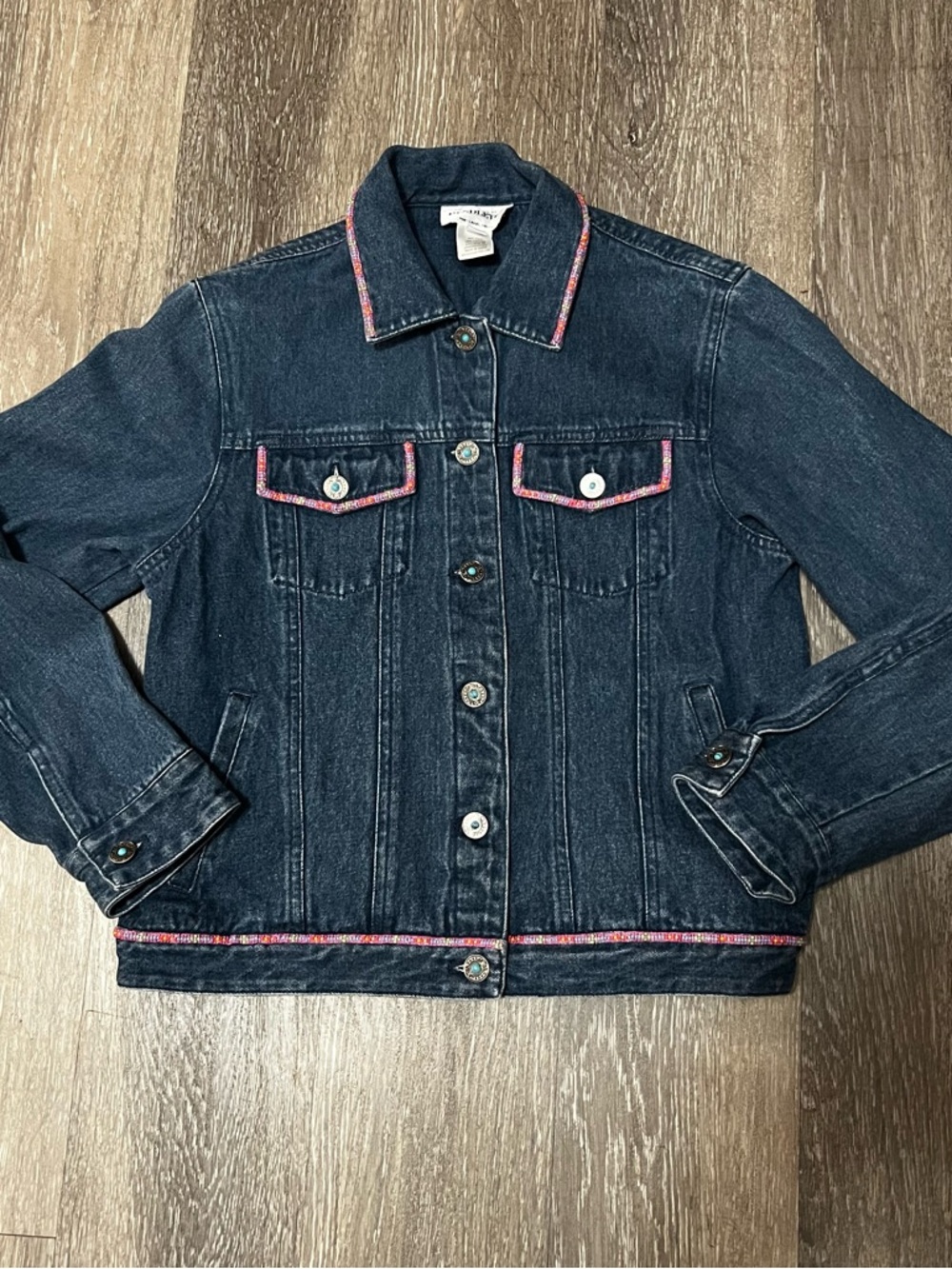 Vintage Pendleton Denim Jacket Women's Small Blue Western Beadwork Trim Aztec